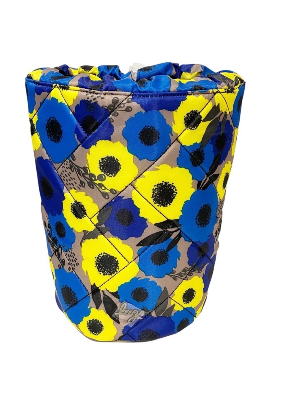 Lug Tumbler Storage Pouch Blue Yellow Peony Quilted Drawstring Cinch Top NWOT